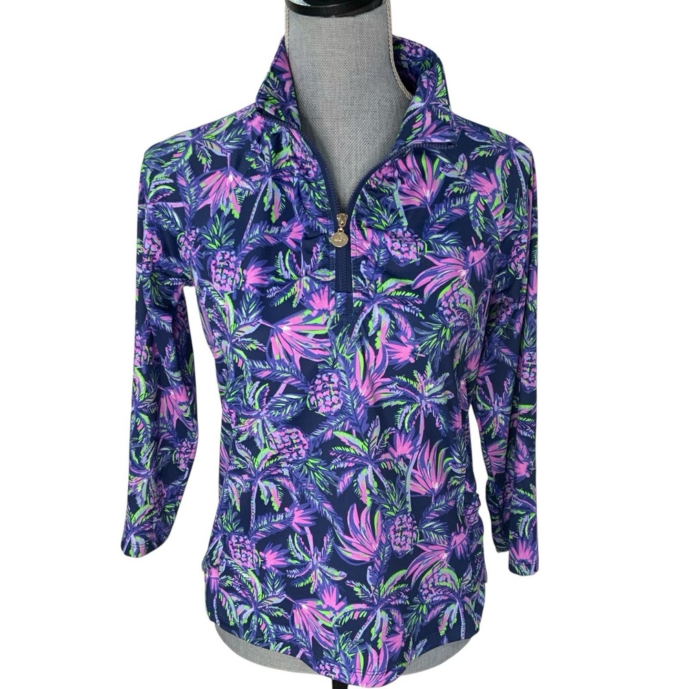 Stella Parker Sport Women Small Tropical Palm Pineapple Quarter Zip Pullover Top